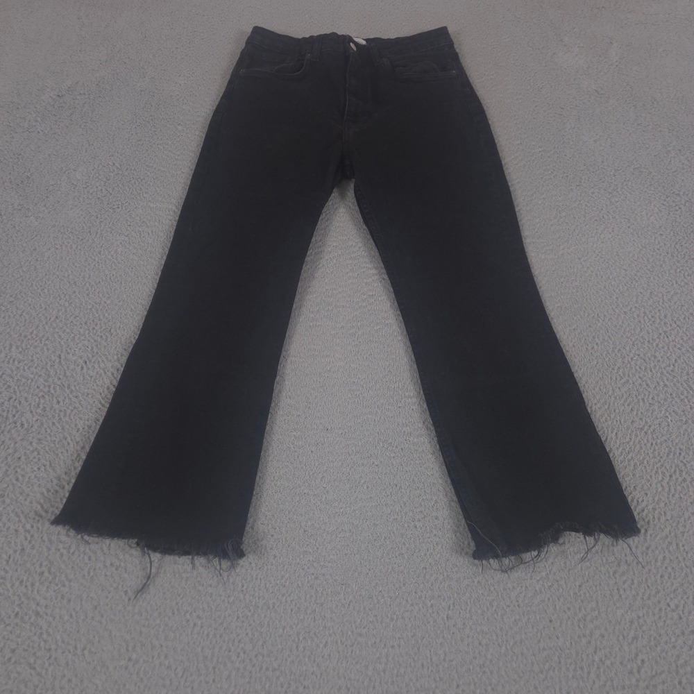Zara Jeans Womens 10 Black TRF High-Waistedโ Cropped Flare Raw Hem Denim Pants